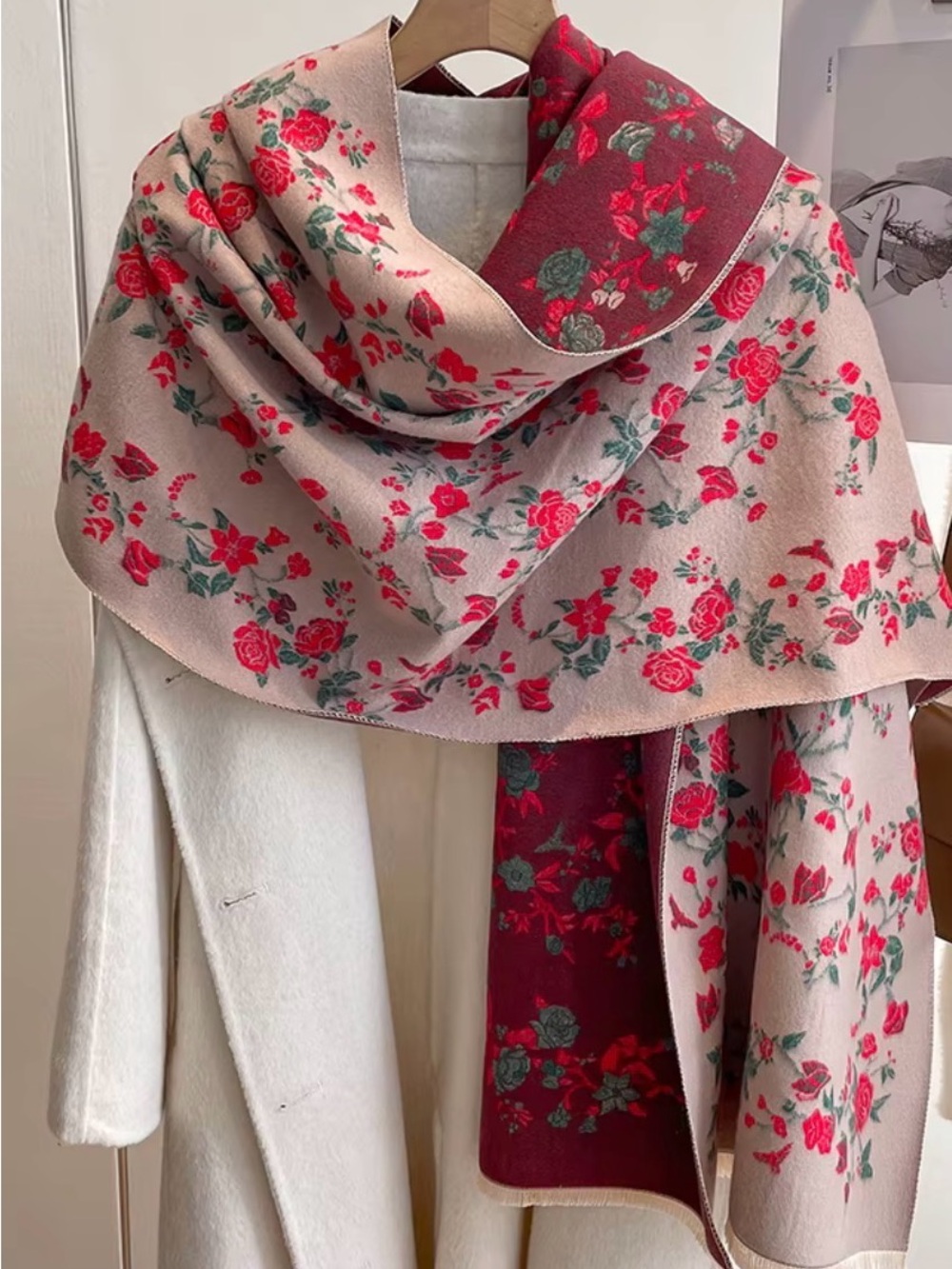 Reversible cashmere wool blend Floral Winter Scarf/Shawl in Pink and Burgundy
